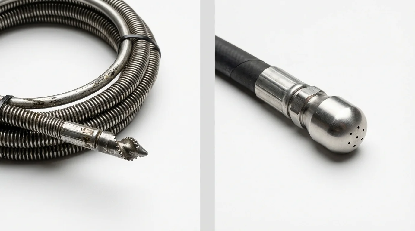 Drain snake cable and hydro jetting nozzle used for drain cleaning in Crossville, AL