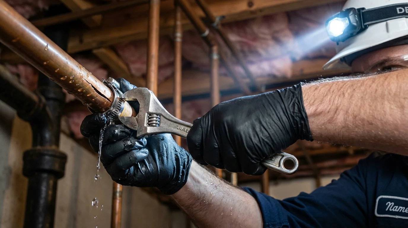 Emergency pipe clamp repair being performed by a Johns Plumbing LLC plumber in Crossville