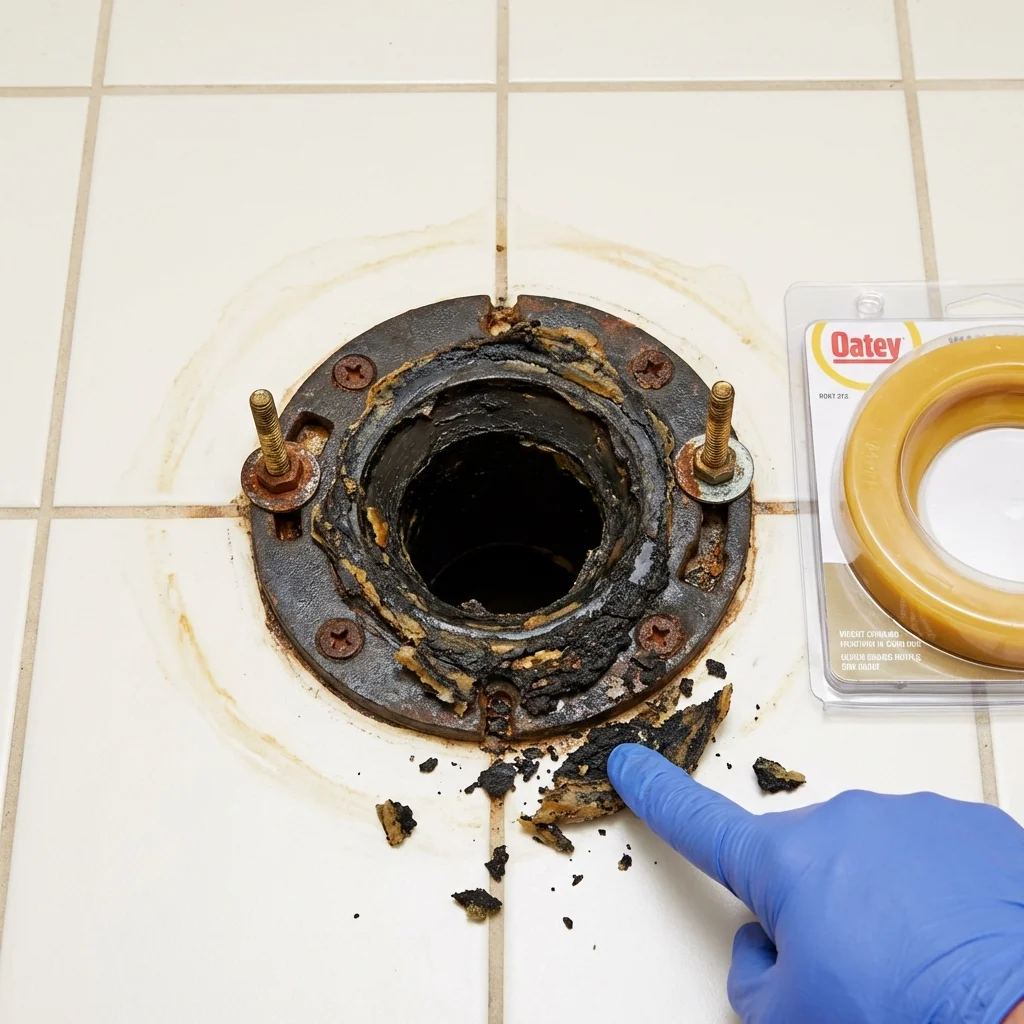 Failed wax ring showing water seepage at the base of a toilet in a Crossville, AL home