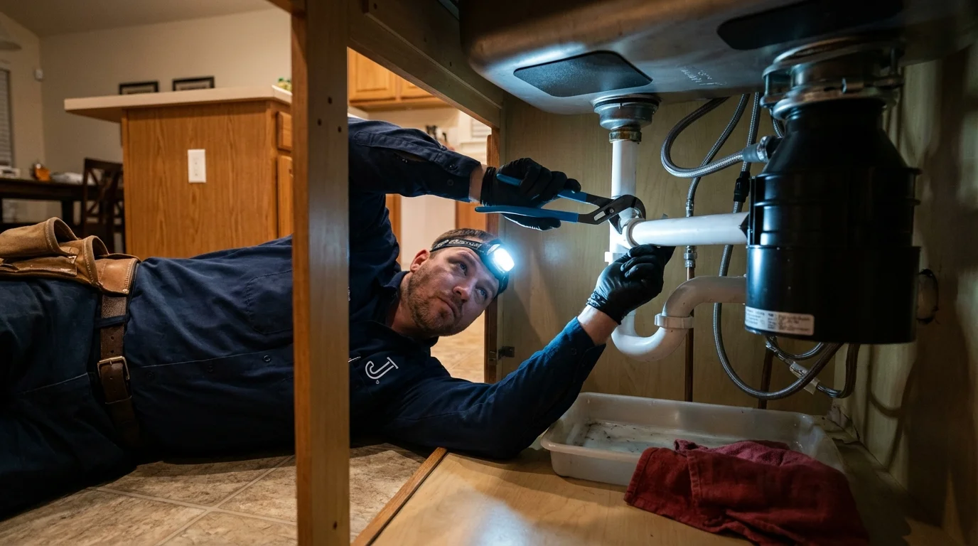 P-trap and supply line connections under a kitchen sink showing a common leak point in Crossville, AL